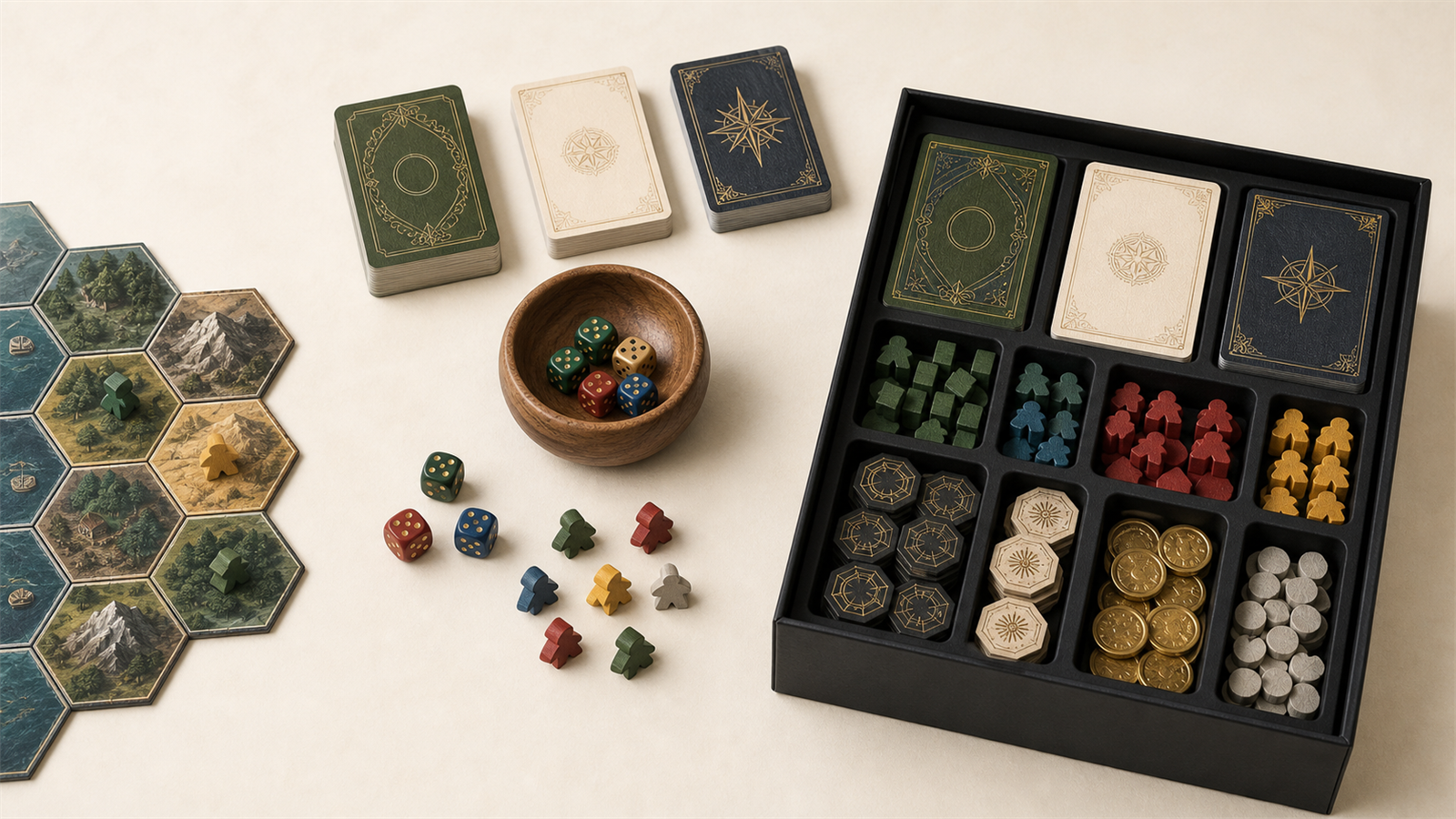 Board game boards, cards, dice, components, and packaging arranged for production review